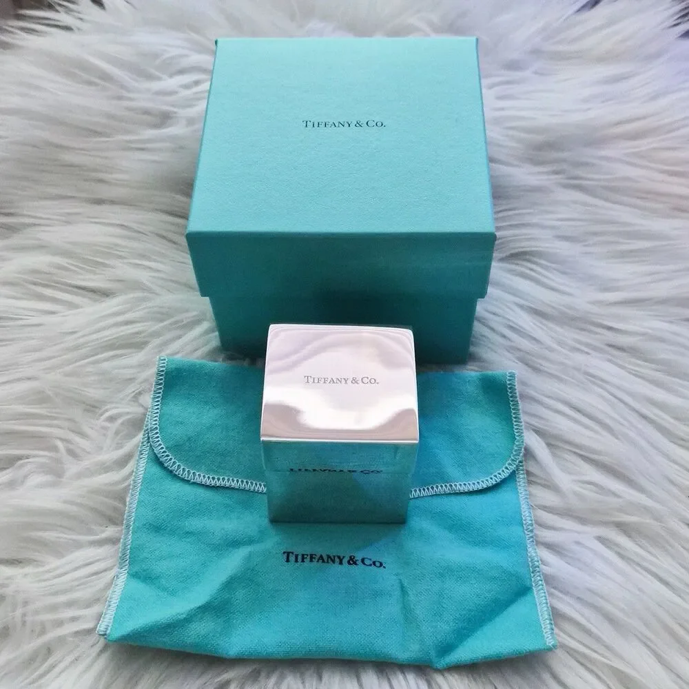 RARE Tiffany and Co.  Enamel Lid Interior Sterling Silver Square Keepsake Box